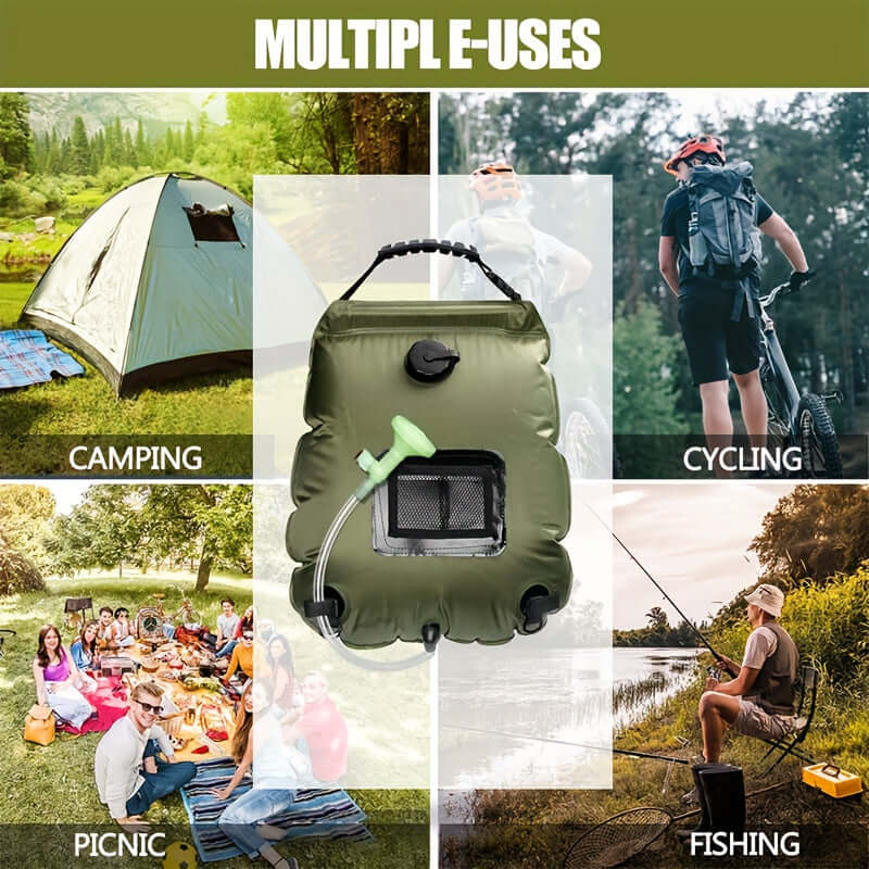 Campingdusch solvärme påse 20L med slang och duschmunstycke finns hos Aktivcamping