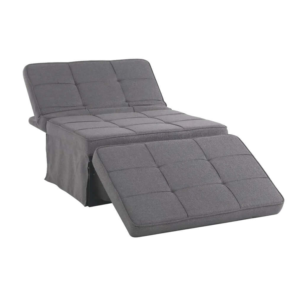 Solsäng med flera positioner och grå linneklädsel finns hos Aktivcamping