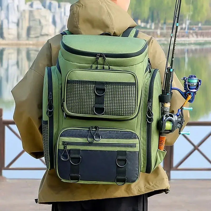 Fiskeryggsäck med spöhållare 50L vattentät camping grön Oxford nylon finns hos Aktivcamping