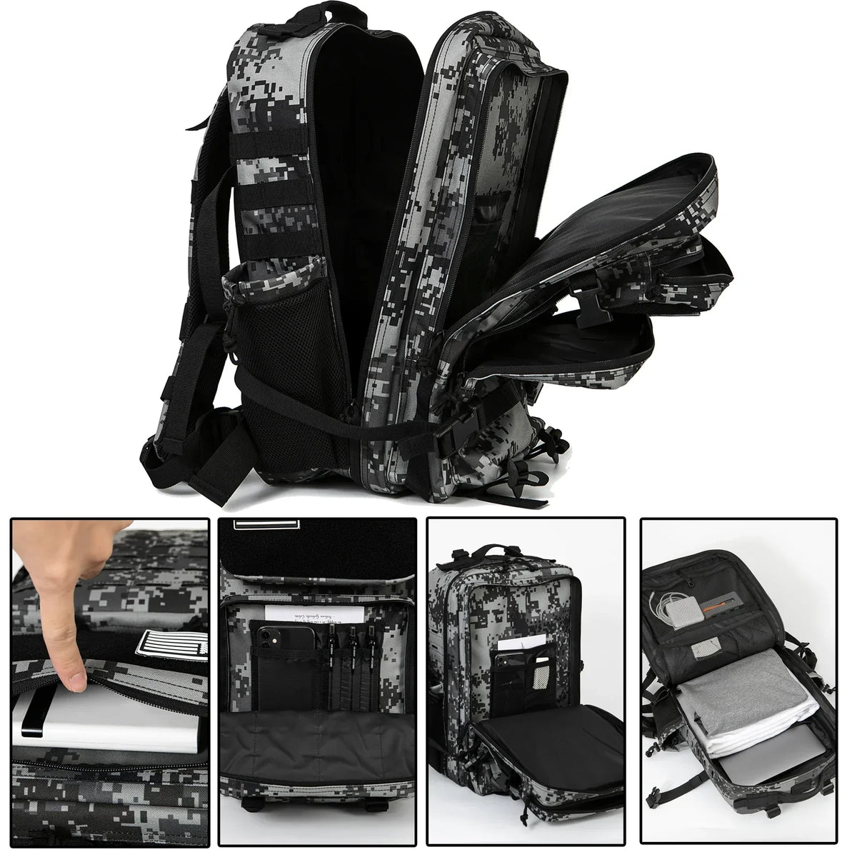 Vattentät Taktisk Ryggsäck Svart Camo MOLLE 45L-4