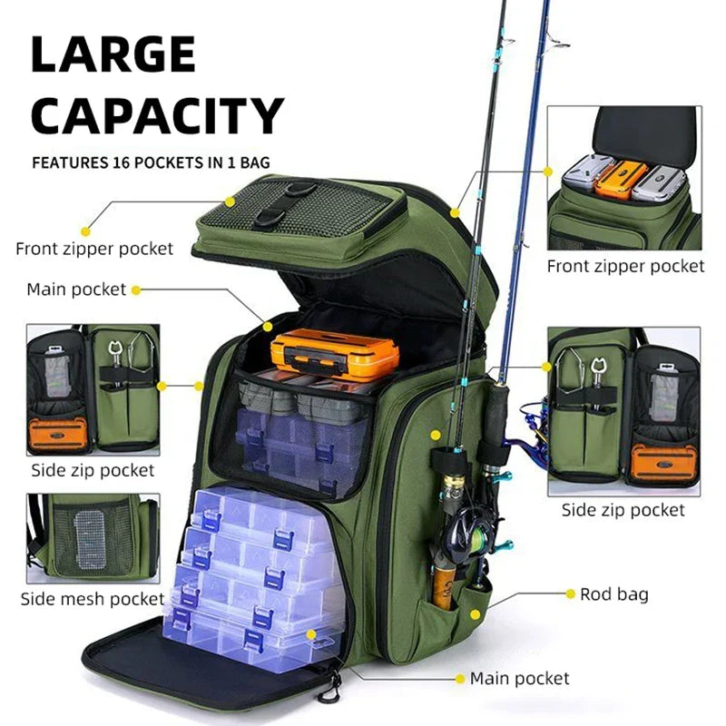 Fiskeryggsäck med spöhållare 50L vattentät camping grön Oxford nylon-4