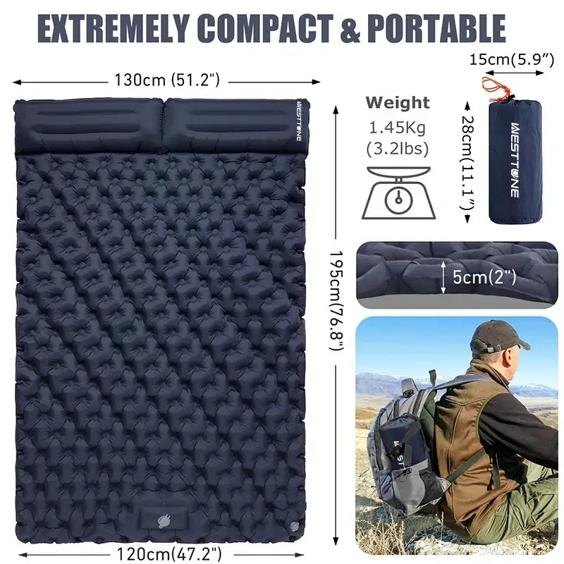 Luftmadrass Uppblåsbar Sovmatta Dubbel med Inbyggd Fotpump och Kudde Navy Blue finns hos Aktivcamping