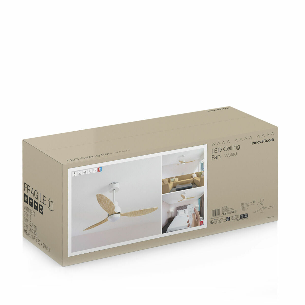 Takfläkt med LED-ljus och 3 ABS-blad Wuled InnovaGoods Trä 36 W 52" Ø132 cm finns hos Aktivcamping