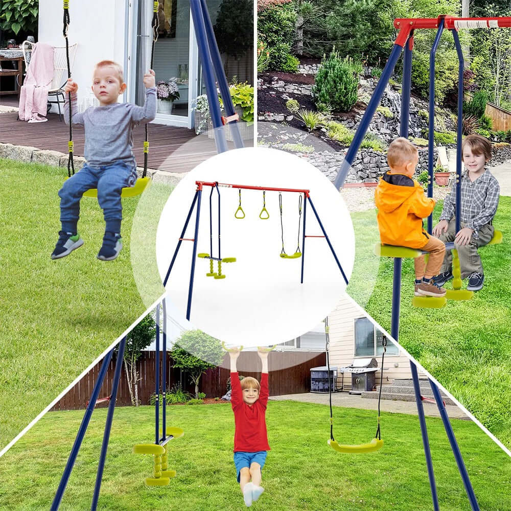 Utomhusgunga set med gungbräda och ringar robust stålställning finns hos Aktivcamping