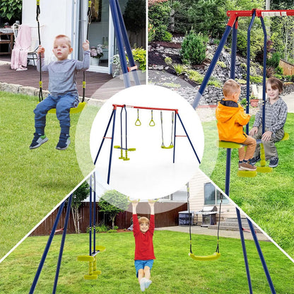 Utomhusgunga set med gungbräda och ringar robust stålställning finns hos Aktivcamping