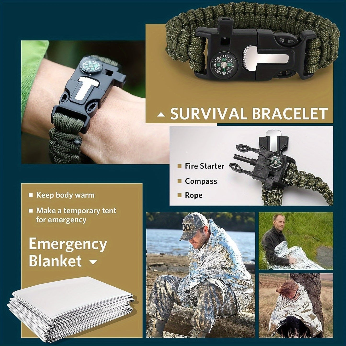 Camping Överlevnadskit 14-i-1 med Magnesiumstav och Tändstål