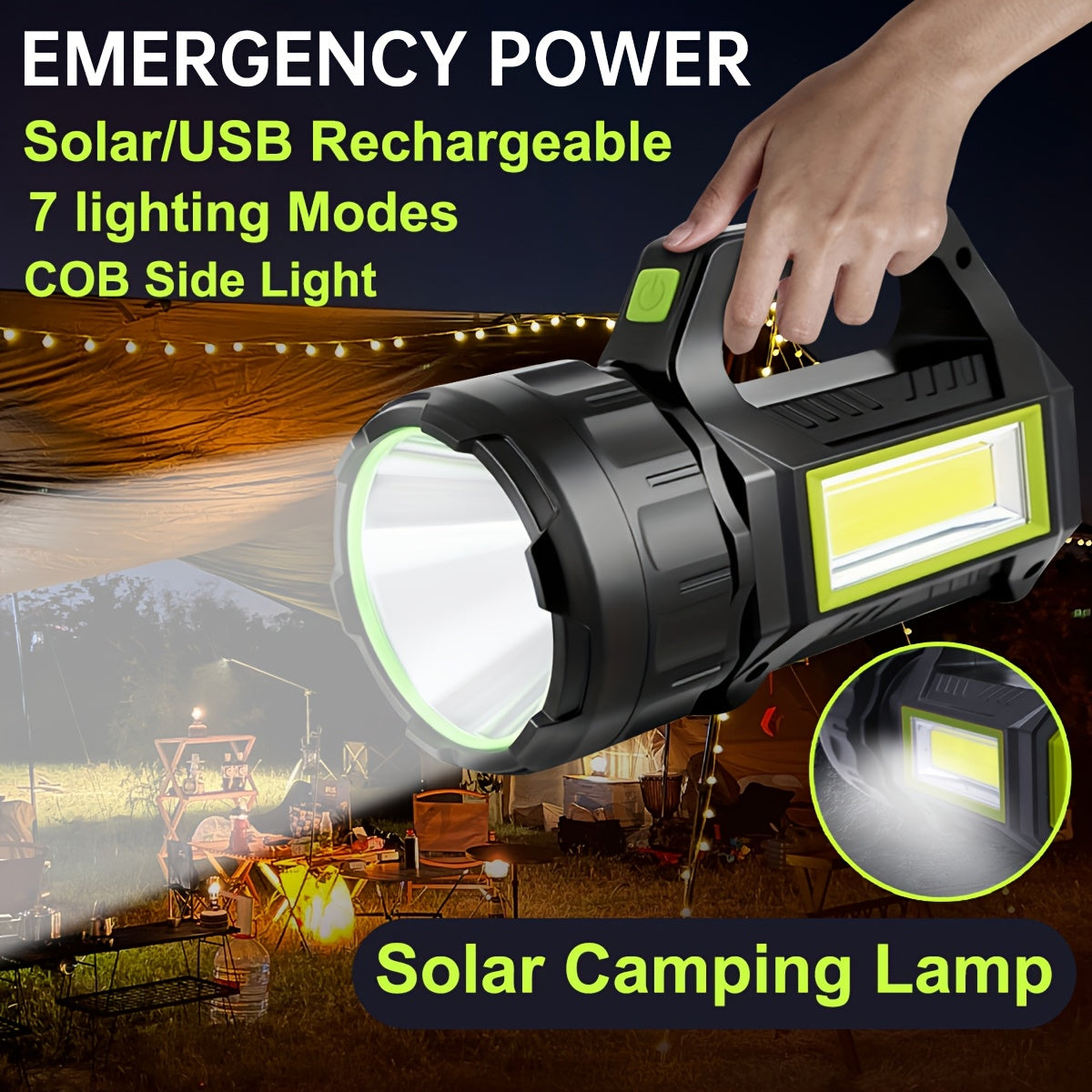 Solar Powered Flashlight USB Rechargeable 7-Mode Camping