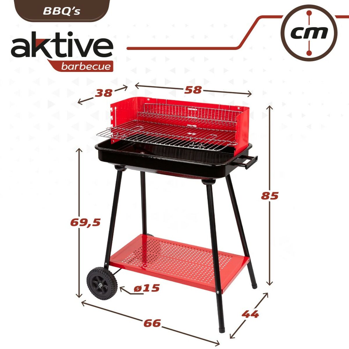 Charcoal grill with wheels Aktive Enameled metal 66 x 85 x 44 cm Red