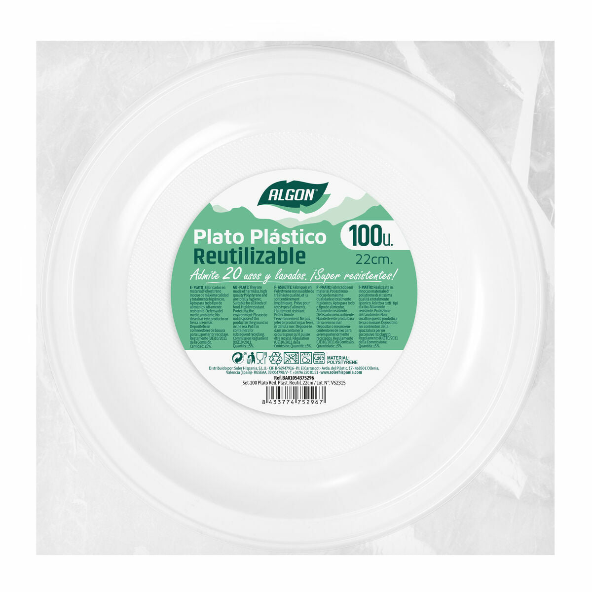 Set of reusable plates Algon Round White Plastic 22 x 22 x 1.5 cm (6 pieces)