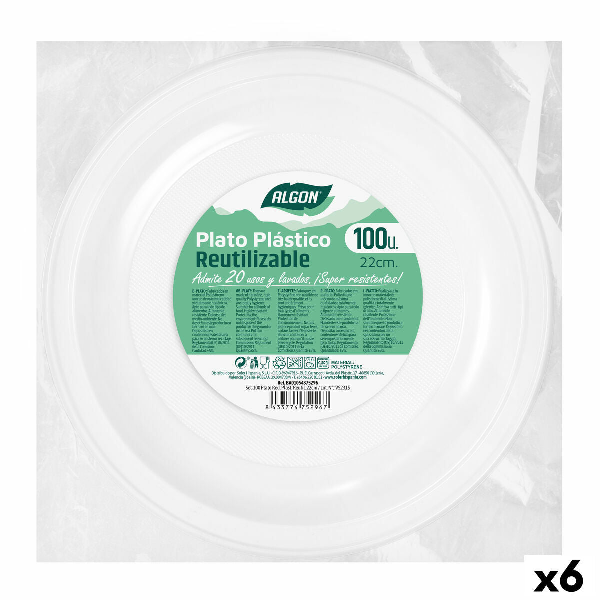 Set of reusable plates Algon Round White Plastic 22 x 22 x 1.5 cm (6 pieces)