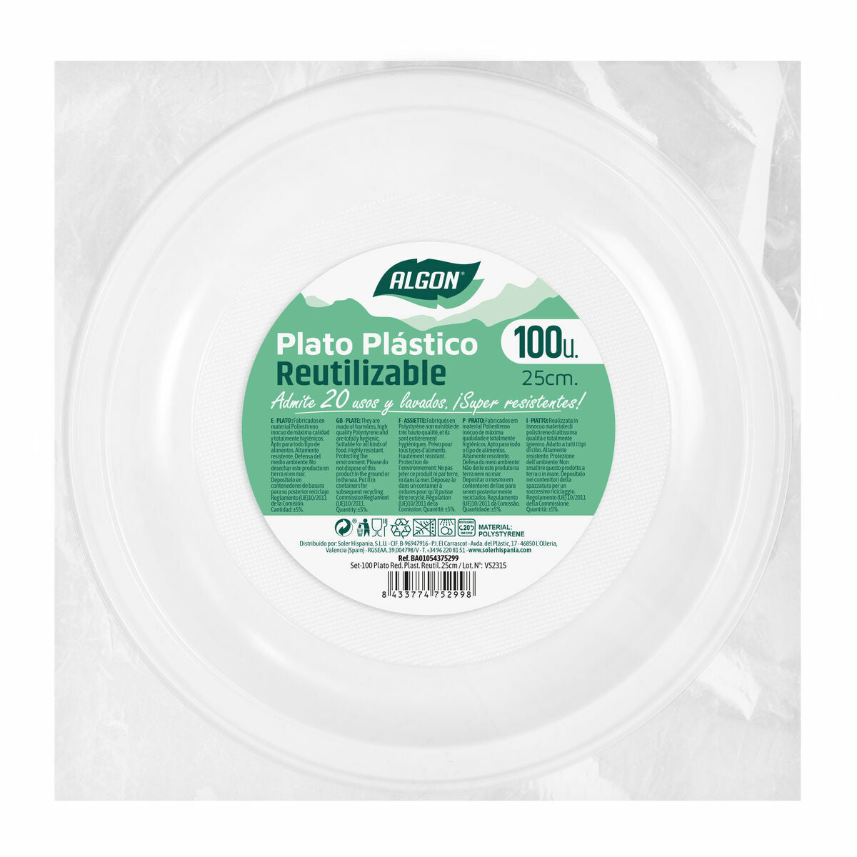 Set of reusable plates Algon Round White Plastic 25 x 25 x 2.5 cm (6 pieces)