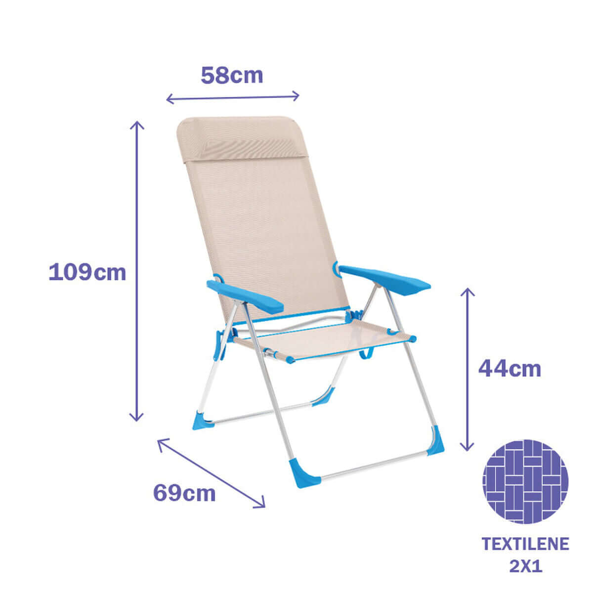 Fällbar Stol 5 Positioner Aluminium med Kudde Beige/Blå Marbueno 69X58X109 cm finns hos Aktivcamping