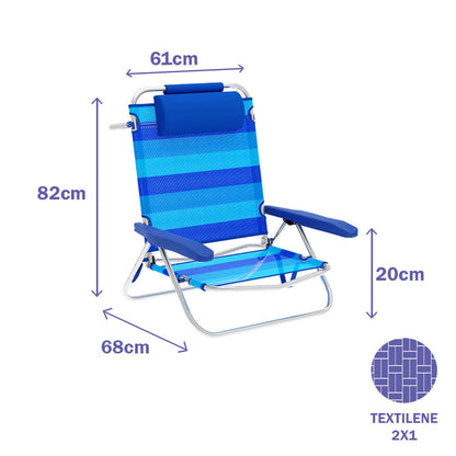 Hopvikbar stol 5 Positioner Aluminium med Kudde Blå Stripes Marbueno Strand och Pool finns hos Aktivcamping