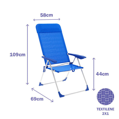 Fällbar stol 5 positioner Aluminium med Blå Kudde Marbueno Strand och Pool finns hos Aktivcamping