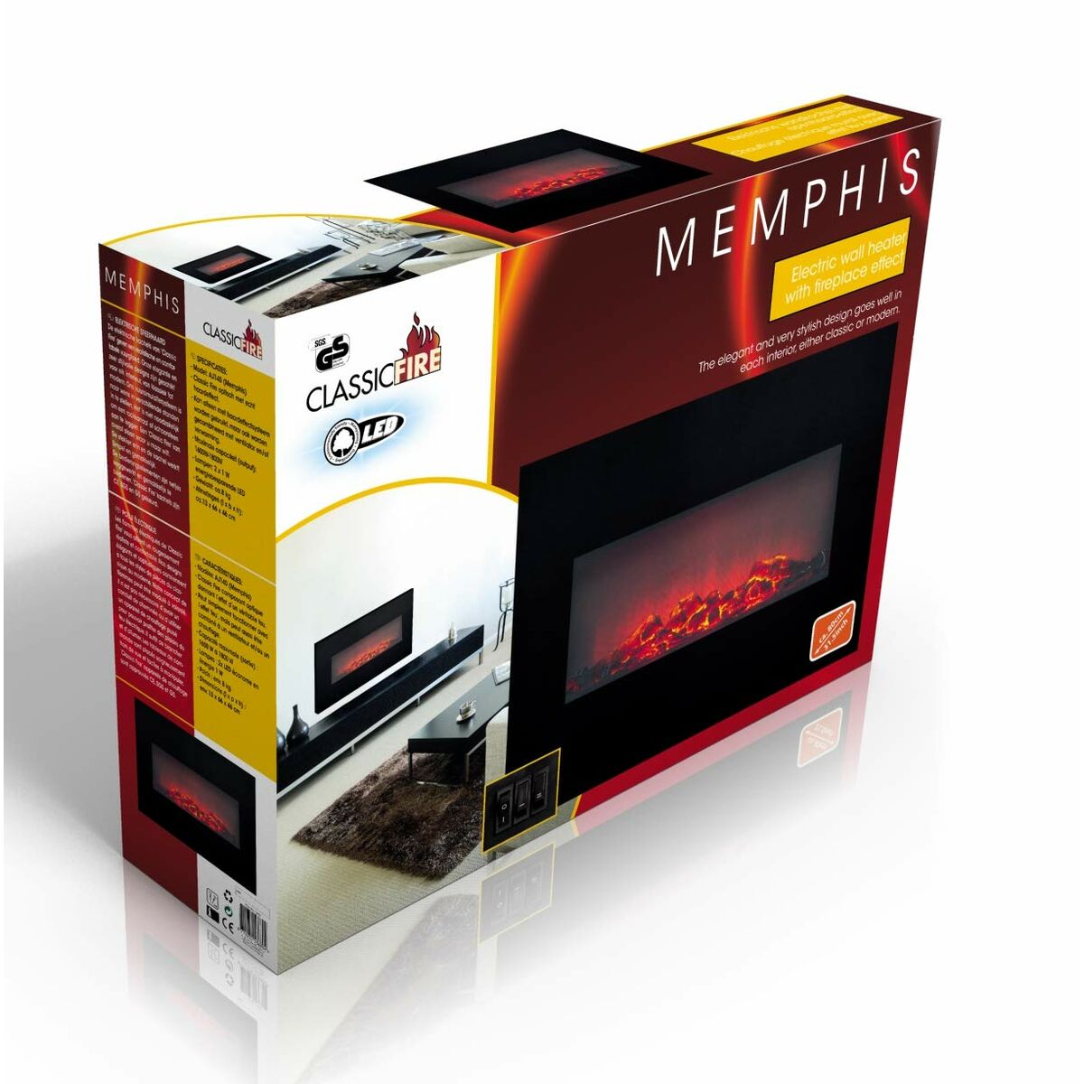 Dekorativ och elektrisk öppen spis för vägg Classic Fire Memphis Svart 1800 W 66 x 13 x 46 cm finns hos Aktivcamping