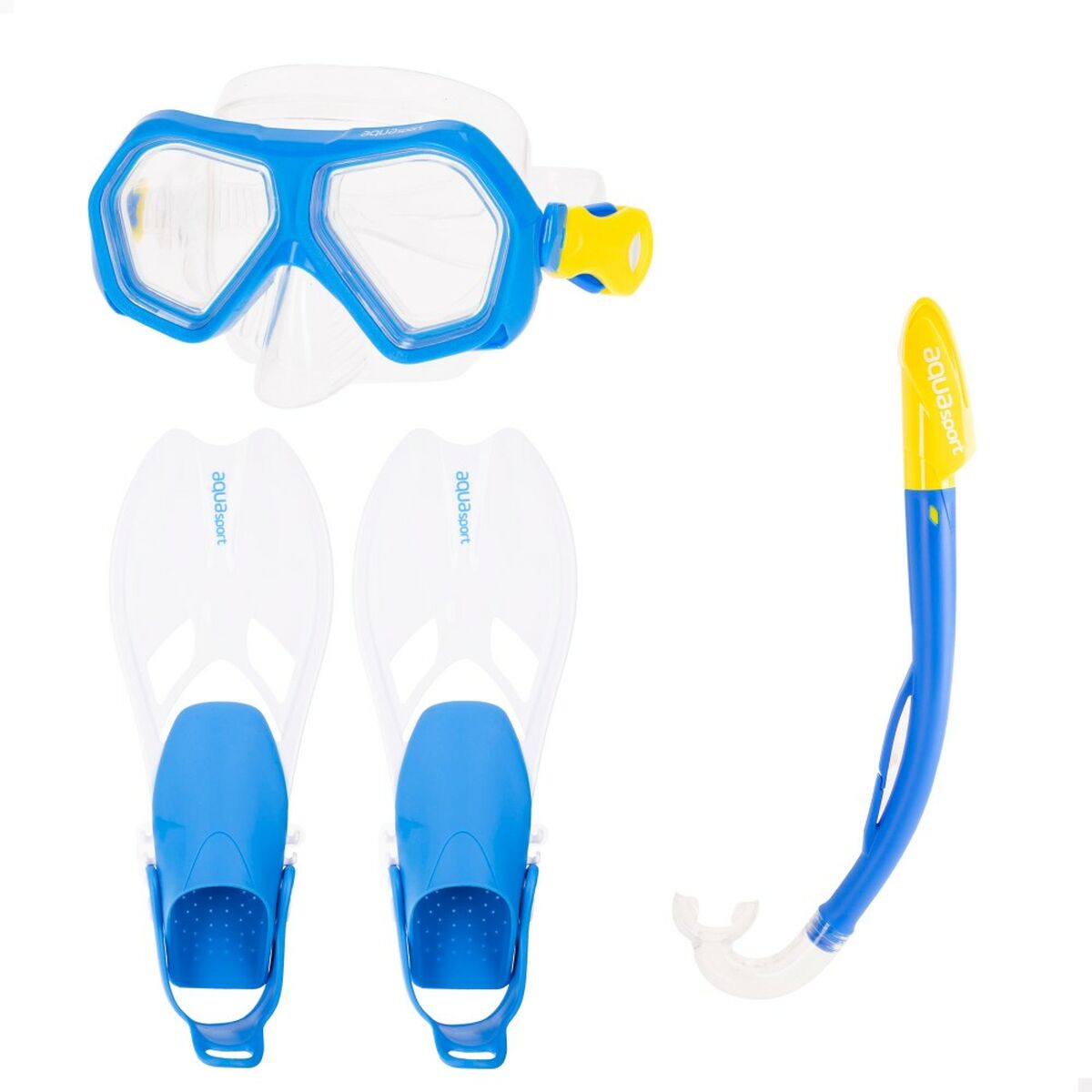 Dykmask med snorkel och simfötter AquaSport Blå Junior (2 antal) finns hos Aktivcamping
