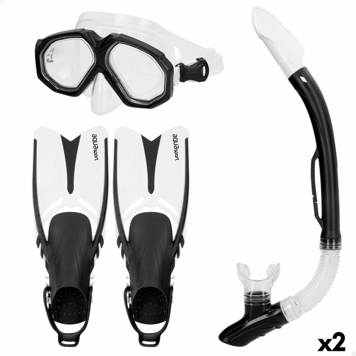 Dykmask med snorkel och simfötter AquaSport Svart Vuxna (2 antal) - finns hos Aktivcamping
