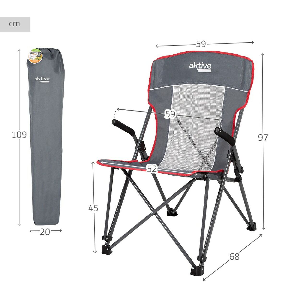 Hopfällbar campingstol Aktive Grå 59 x 97 x 68 cm (2 antal) - finns hos Aktivcamping