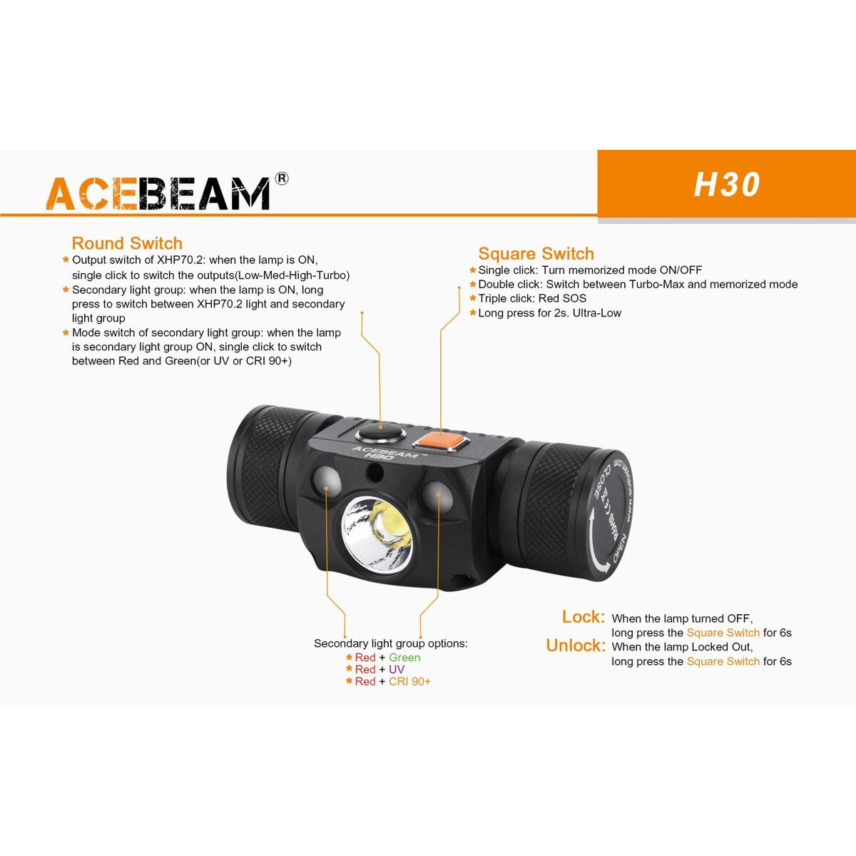 Pannlampa LED-lampa för huvudet Acebeam H30 R+CRI 6500K Svart Orange 4000 Lm finns hos Aktivcamping