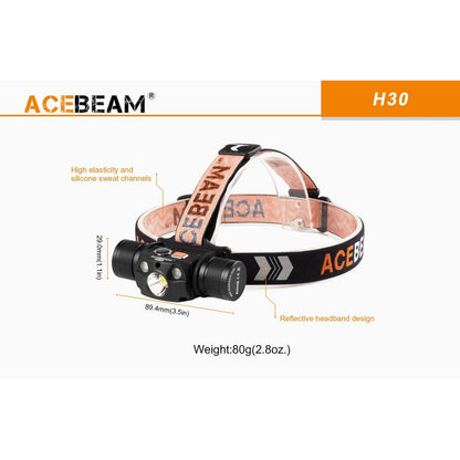 Pannlampa LED-lampa för huvudet Acebeam H30 R+CRI 6500K Svart Orange 4000 Lm finns hos Aktivcamping