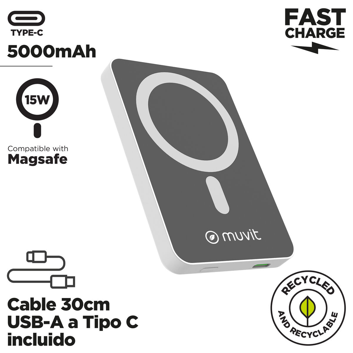 Powerbank Muvit for Change DP51AQ-R Vit 5000 mAh finns hos Aktivcamping