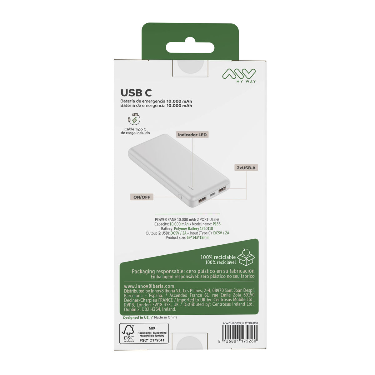 Powerbank Myway Vit 10000 mAh finns hos Aktivcamping