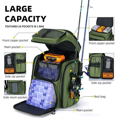 Fiskeryggsäck med spöhållare 50L vattentät camping grön Oxford nylon