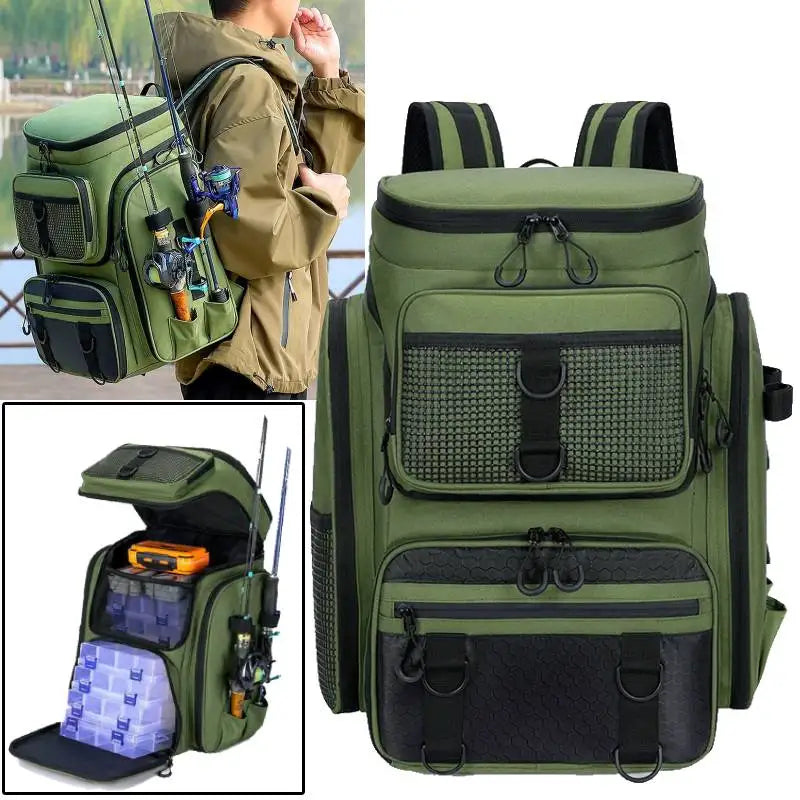 Fiskeryggsäck med spöhållare 50L vattentät camping grön Oxford nylon