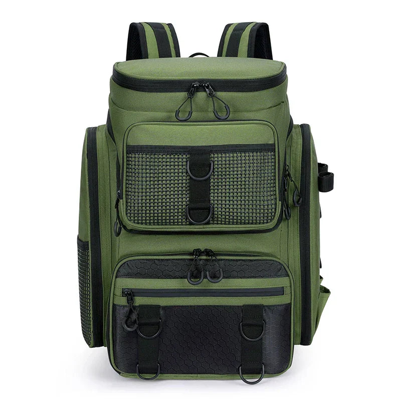 Fiskeryggsäck med spöhållare 50L vattentät camping grön Oxford nylon