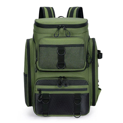 Fiskeryggsäck med spöhållare 50L vattentät camping grön Oxford nylon