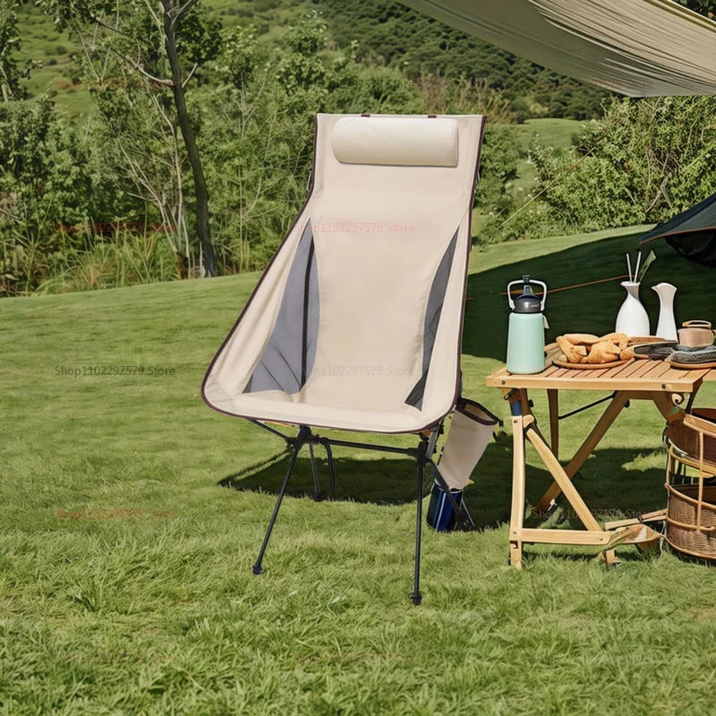 Bärbar campingstol med nackstöd beige, lättviktsdesign, robust ram