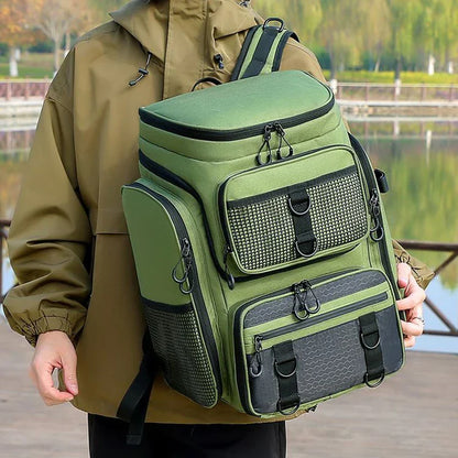 Fiskeryggsäck med spöhållare 50L vattentät camping grön Oxford nylon
