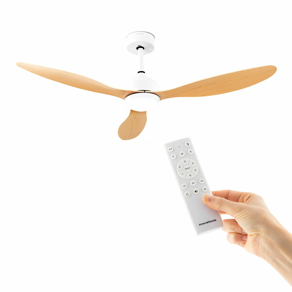 Takfläkt med LED-ljus och 3 ABS-blad Wuled InnovaGoods Trä 36 W 52" Ø132 cm finns hos Aktivcamping