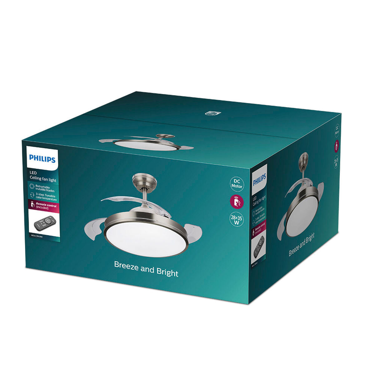 Takfläkt med belysning Philips Atlas 35 W 28 W 4500 Lm ickel (2700 K) finns hos Aktivcamping