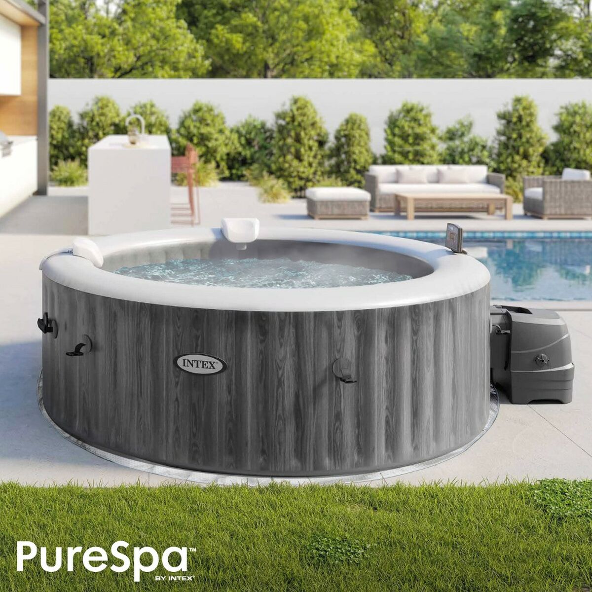Uppblåsbart spa Intex Purespa Greywood Deluxe 28440EX 220-240 V 4 platser 1741 l/h - finns hos Aktivcamping