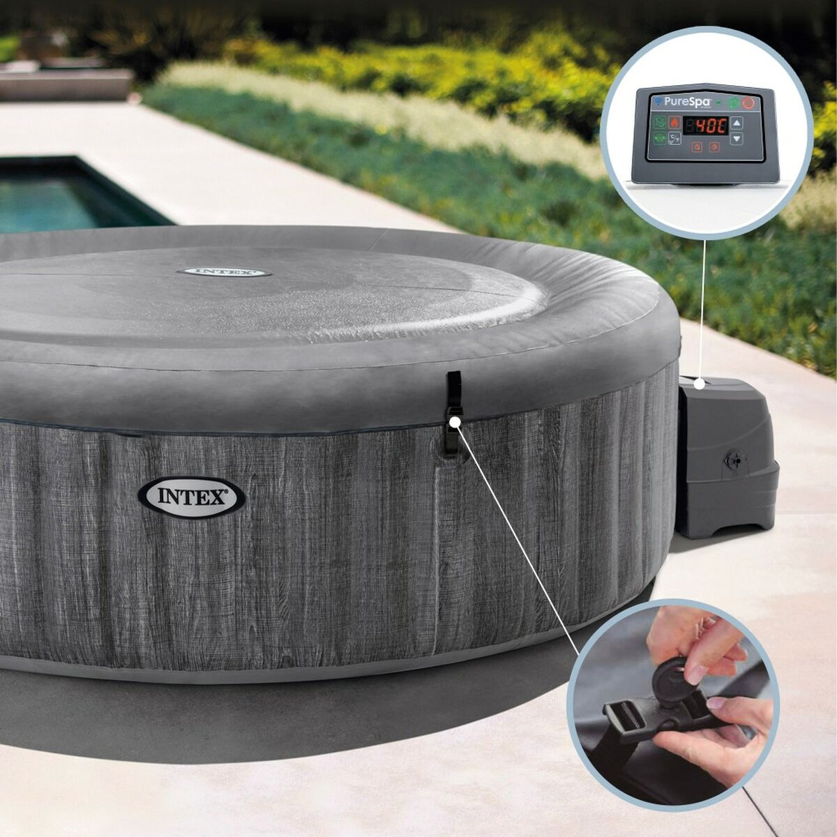 Uppblåsbart spa Intex Purespa Greywood Deluxe 28440EX 220-240 V 4 platser 1741 l/h - finns hos Aktivcamping