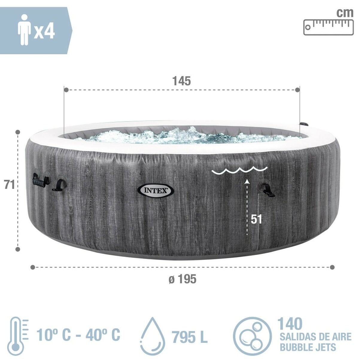 Uppblåsbart spa Intex Purespa Greywood Deluxe 28440EX 220-240 V 4 platser 1741 l/h - finns hos Aktivcamping