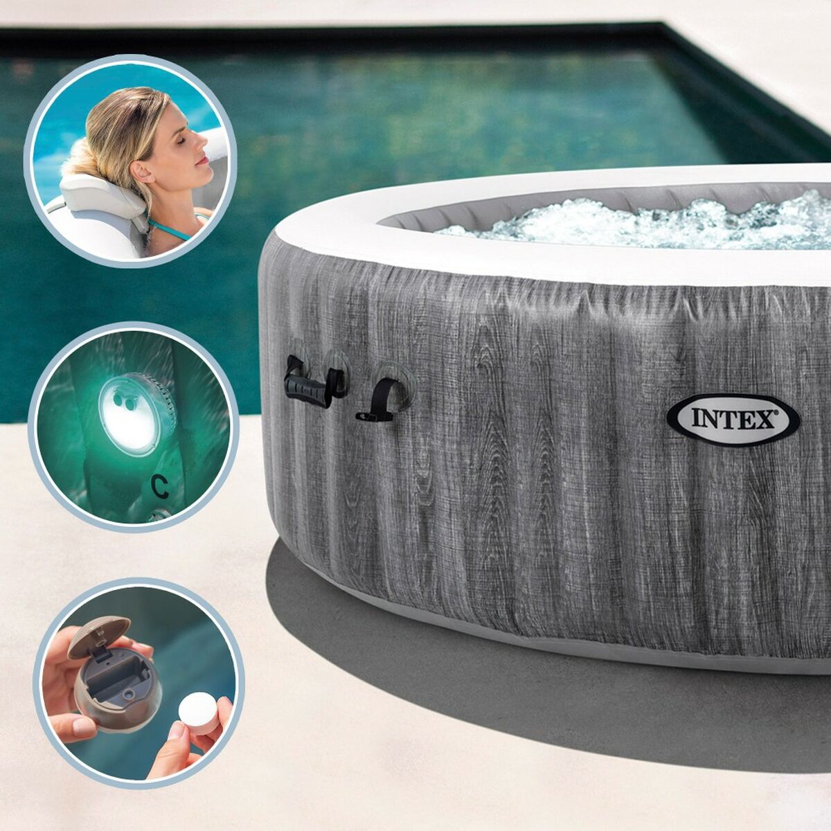 Uppblåsbart spa Intex Purespa Greywood Deluxe 28440EX 220-240 V 4 platser 1741 l/h - finns hos Aktivcamping