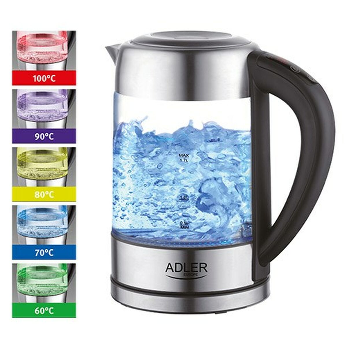 Vattenkokare Adler AD 1247 Stålgrå Glas 2200 W 1,7 L - finns hos Aktivcamping
