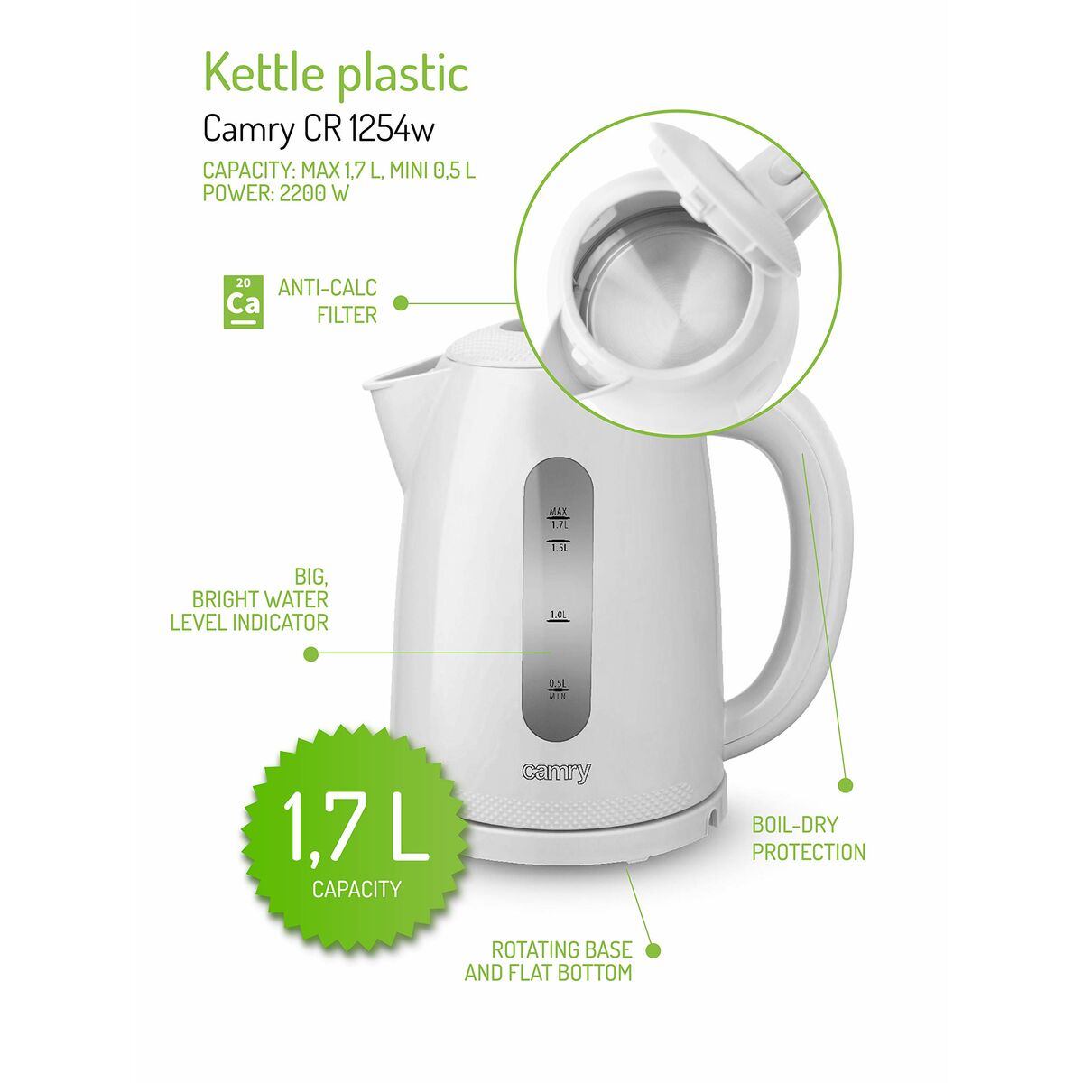 Vattenkokare Adler CR 1254W Vit Plast 2200 W 1,7 L - finns hos Aktivcamping