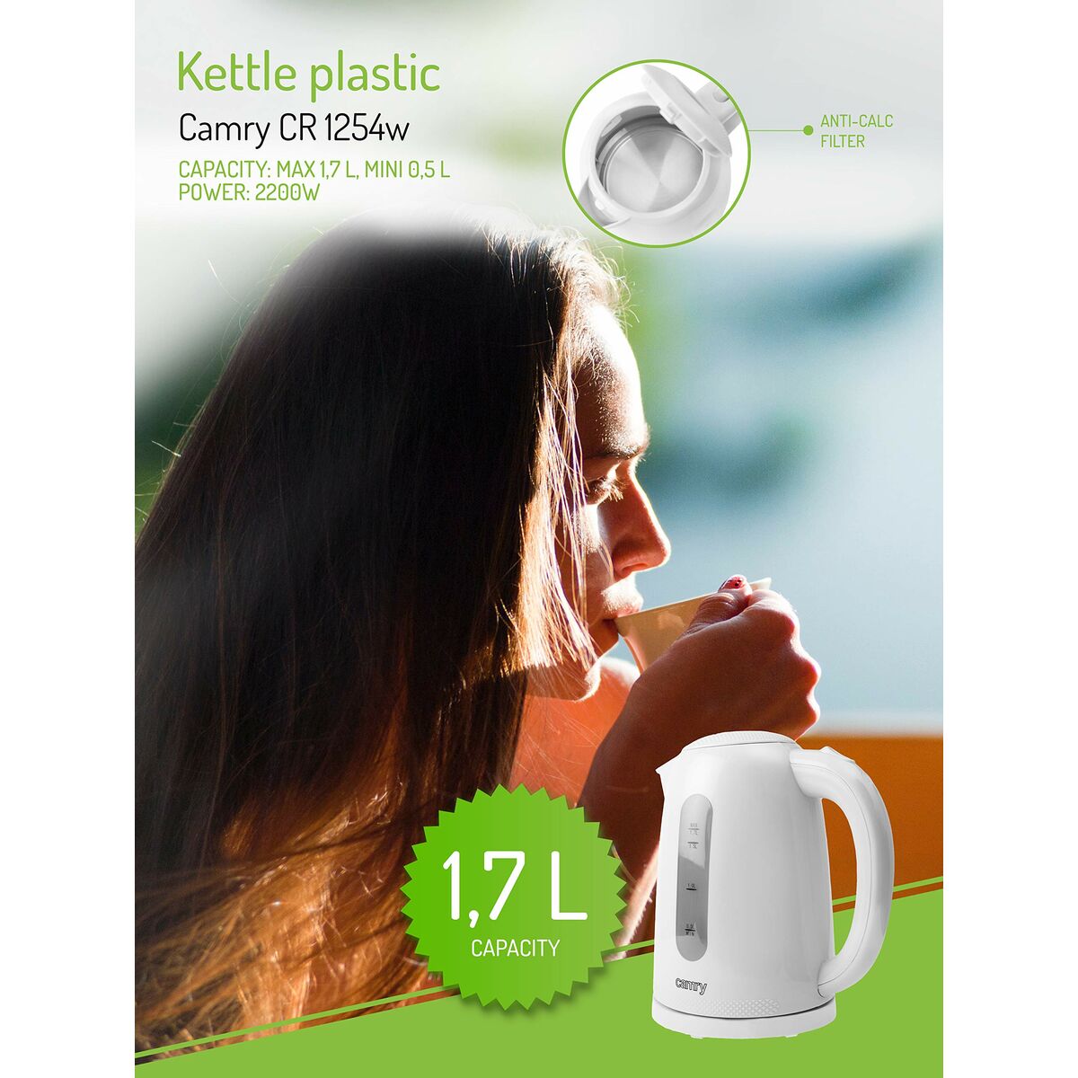 Vattenkokare Adler CR 1254W Vit Plast 2200 W 1,7 L - finns hos Aktivcamping