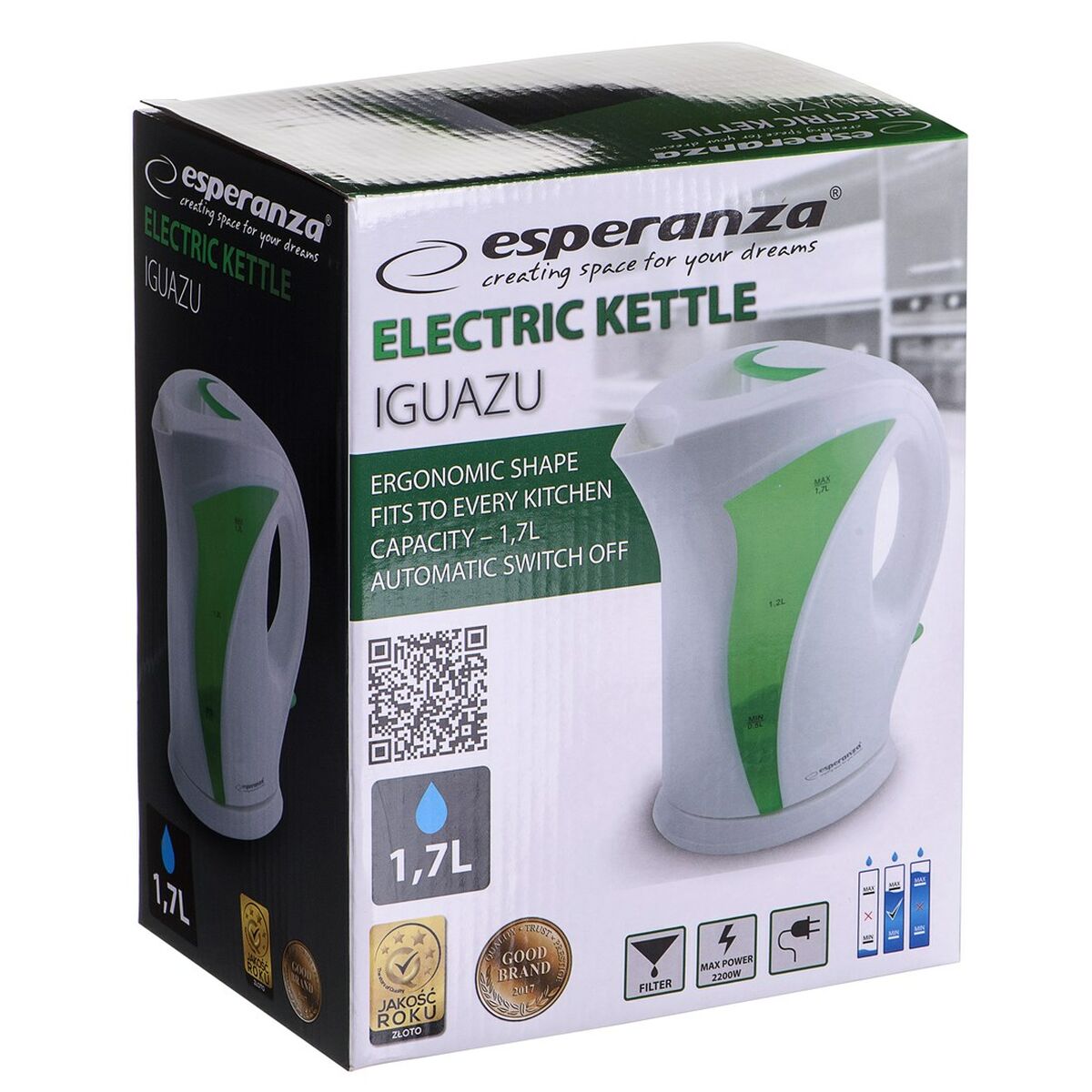 Vattenkokare Esperanza EKK018G Vit Grön Multicolour Plast 2200 W 1,7 L finns hos Aktivcamping