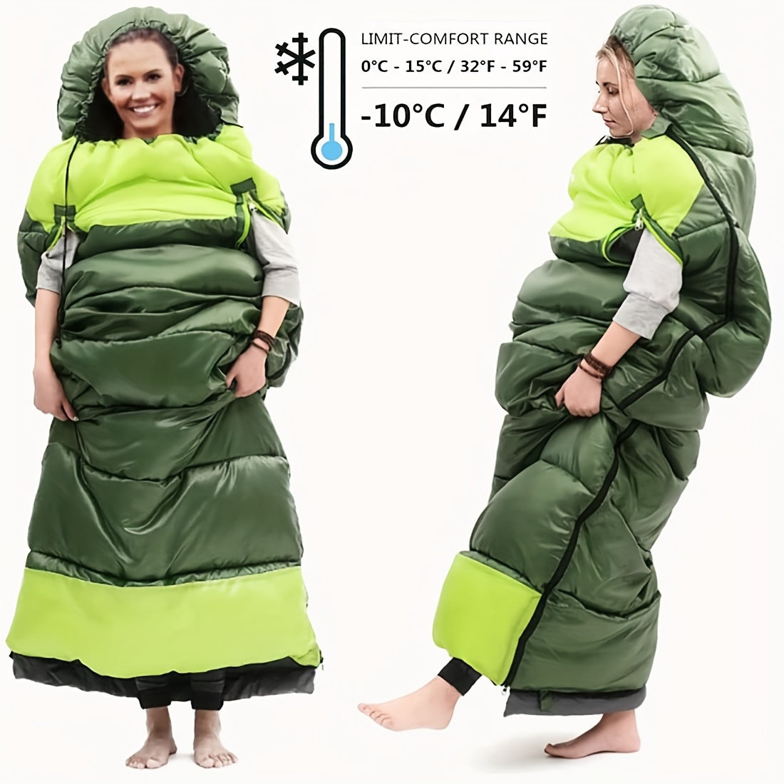 Sovsäck för camping och vandring lätt och varm i grön polyesterfiber