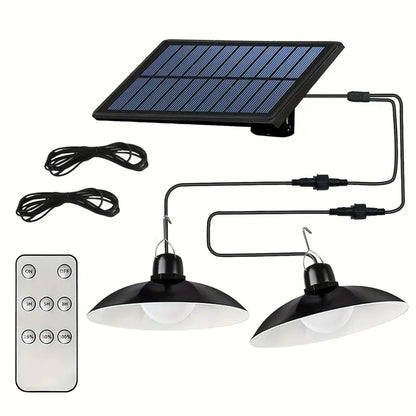 Dubbel hängande Lampa med Solcell och Rörelsesensor - LED Pendel med Fjärrkontroll