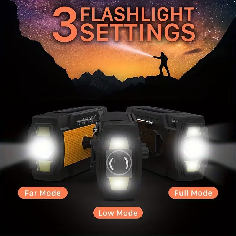 Portable emergency radio with solar panels, flashlight and SOS alarm