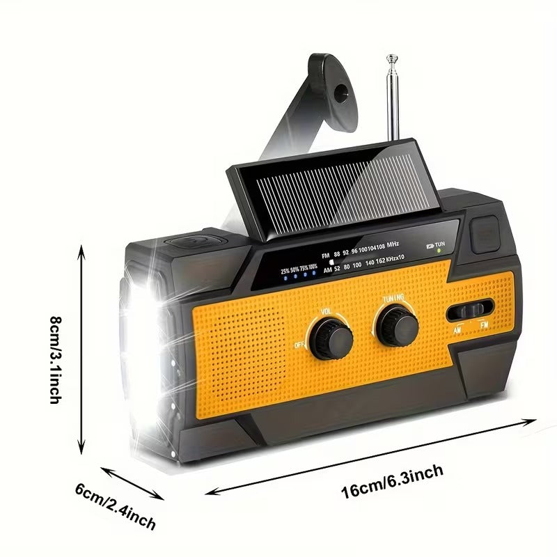 Portable emergency radio with solar panels, flashlight and SOS alarm