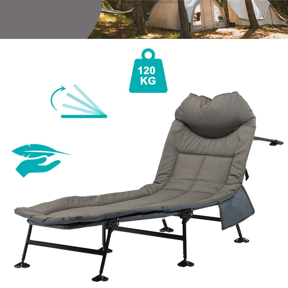 Hopfällbar Campingsäng Solsäng med Justerbart Ryggstöd 120 kg Kapacitet finns hos Aktivcamping