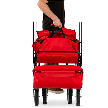 Hopfällbar trädgårdsvagn med tak röd dragbar och skjutsbar finns hos Aktivcamping