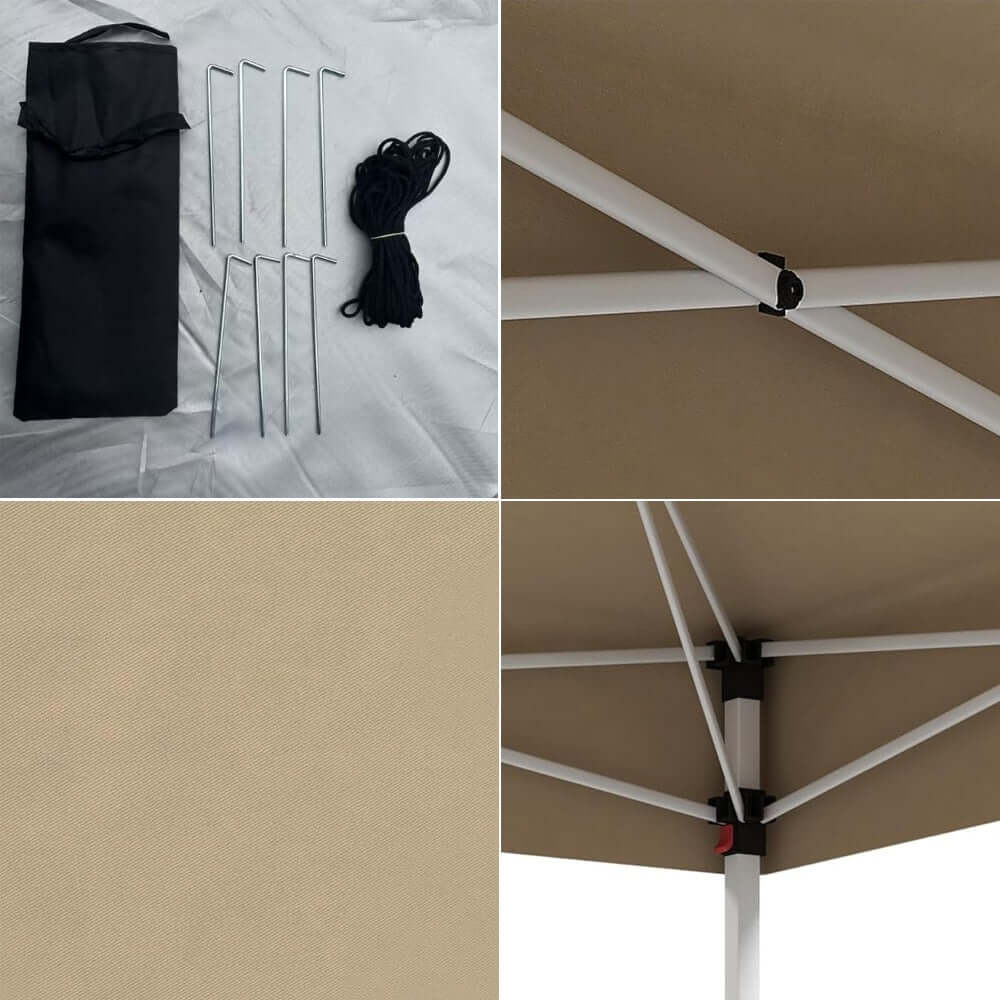 Vattentålig beige paviljong 3x3x2,8 m med bakvägg och fickor finns hos Aktivcamping