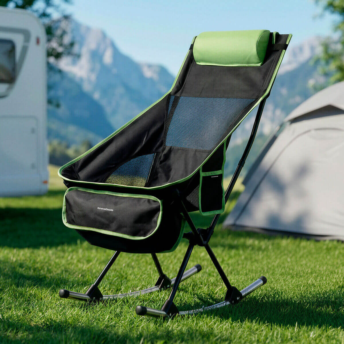 2-i-1 hopfällbar campinggungstol med ficka, kudde och bärväska Trillow InnovaGoods finns hos Aktivcamping